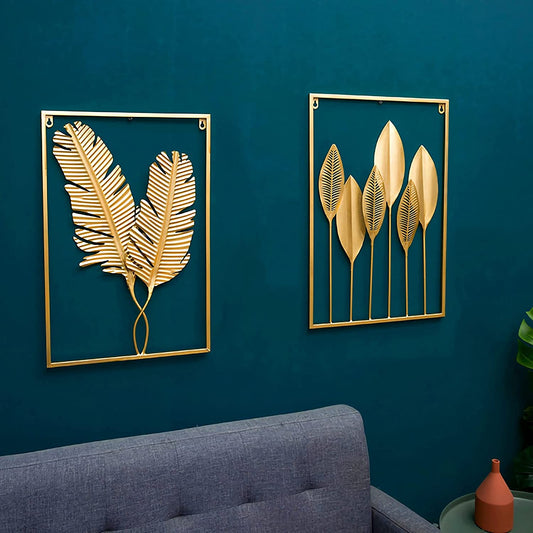 Gold Leaf Wall Decor 2 Piece Art Golden Metal Leaves Home Decorations Living Room Large Hangings Cutout Sculptures Accent Two Decorative Bathroom Modern Bedroom Iron over Couch (2P)