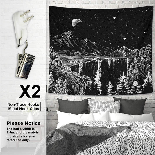 Starry Night Tapestry Mountain Tapestry Moon Stars Tapestry Black and White Tapestry for Bedroom Living Room 59X51 Inch