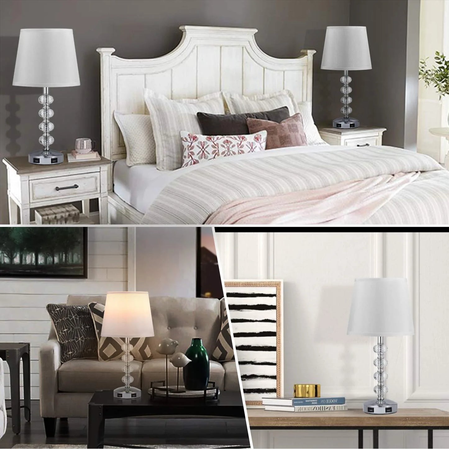 3-Way Dimmable USB Crystal Table Lamp, 17 Inch Touch Crystal Lamp Set of 2 , Exquisite Decorative Bedside Lamps Set of 2 for Bedroom, Living Room, Nightstand (Warm White Light Bulb Included)