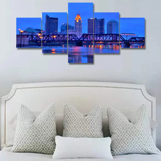 Panoramic Columbus Ohio Cityscape Picture, Colorful Stretched Canvas Art Prints, Scioto River Night Scene Pictures Print on Canvas, Wall Decoration for Bedroom or Office Ready to Hang, 50"Wx24"H