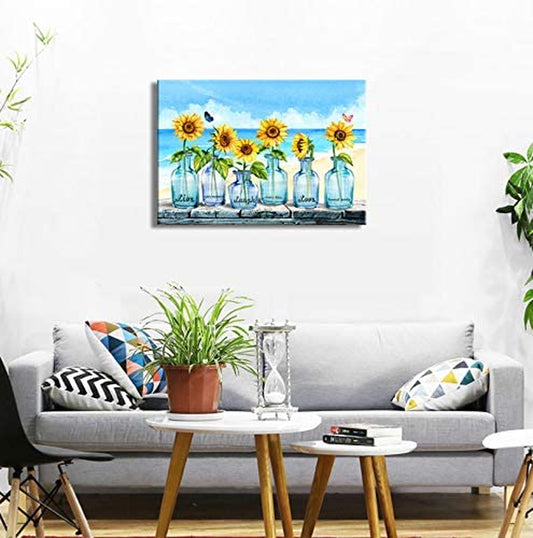 Sunflower Wall Art for Bathroom Bedroom Kitchen Wall Decor Inspirational Wall Art Watercolor Sunflowers Blue Bottles Beach Canvas Art Print Framed Wall Art for Living Room Decor Modern Wall Decor