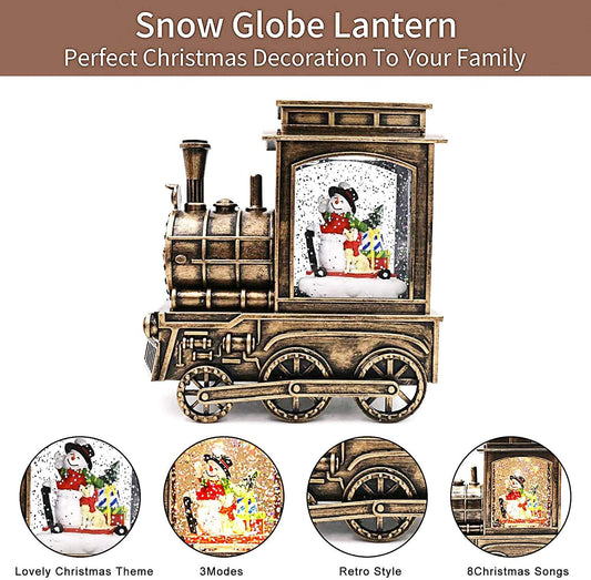 Christmas Lighted Water Lantern Glittering, Musical Xmas Snow Globe Battery Operated & USB Powered, Singing Water Globe with 8 Songs & 6 Hr Timer for Kids, Scene Snowman in Bronze Train for Home Decor
