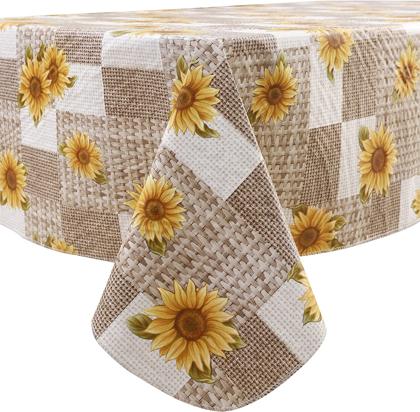 Vinyl Tablecloth Flannel Backed Stain-Resistant PVC Table Cloth Waterproof Oil-Proof Wipeable Indoor/Outdoor Picnic, BBQ and Dining Table Cover(60 X 84 Inch, Sunflower)