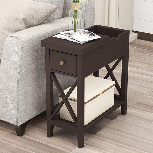 Flip Top End Table, Narrow Side Table Slim End Table with Drawer and Storage Shelf for Small Space, Living Room, Bedroom, Espresso