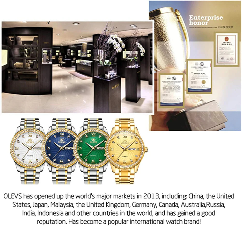 OLEVS Luxury Diamond Watches for Men Waterproof Mens Fine Business Casual Watch Calendar Week Analog Quartz Watch for Christmas
