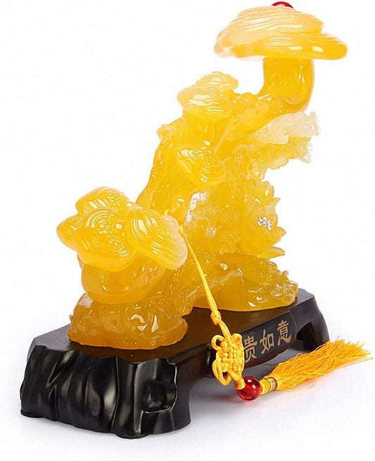 Wenmily Feng Shui Yellow Color Ruyi Statue+ Free Set of 10 Lucky Charm Ancient Coins on Red String, Chinese Charm of Prosperity Home Decoration Gift,Feng Shui Decor