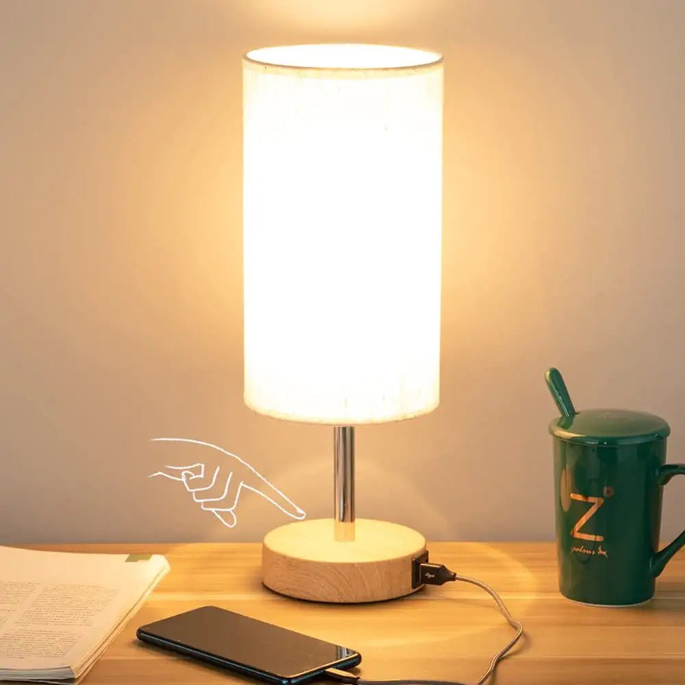Bedside Lamp with USB Port - Touch Control Table Lamp for Bedroom Wood 3 Way Dimmable Nightstand Lamp with round Flaxen Fabric Shade for Living Room, Dorm, Home Office (LED Bulb Included)