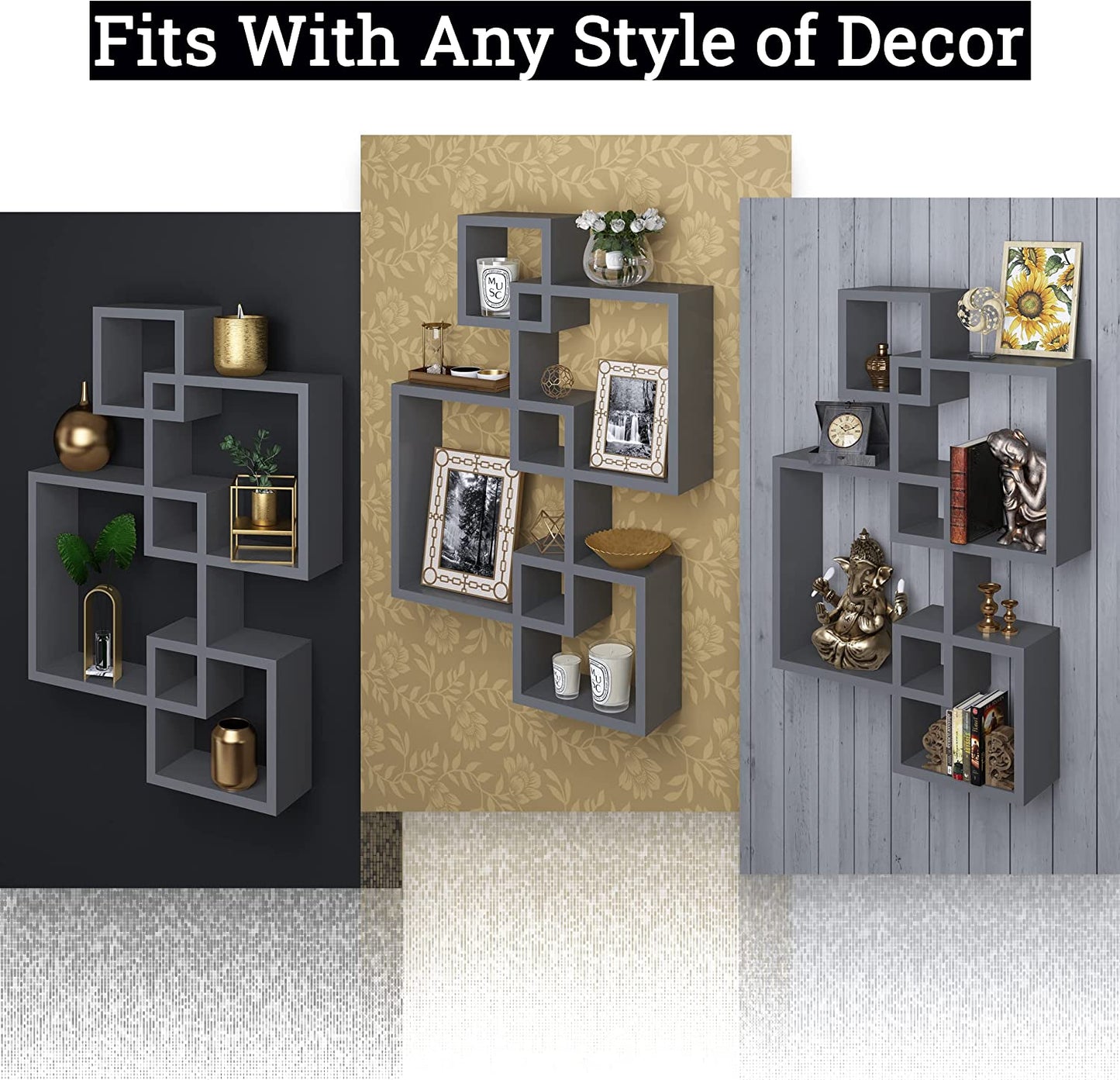 Gray Floating Cube Shelves - Intersecting Wall Mounted Shelves - Wall Decor Square Shelves for Bedrooms, Living Rooms & More - Set of 4 Box Shelves