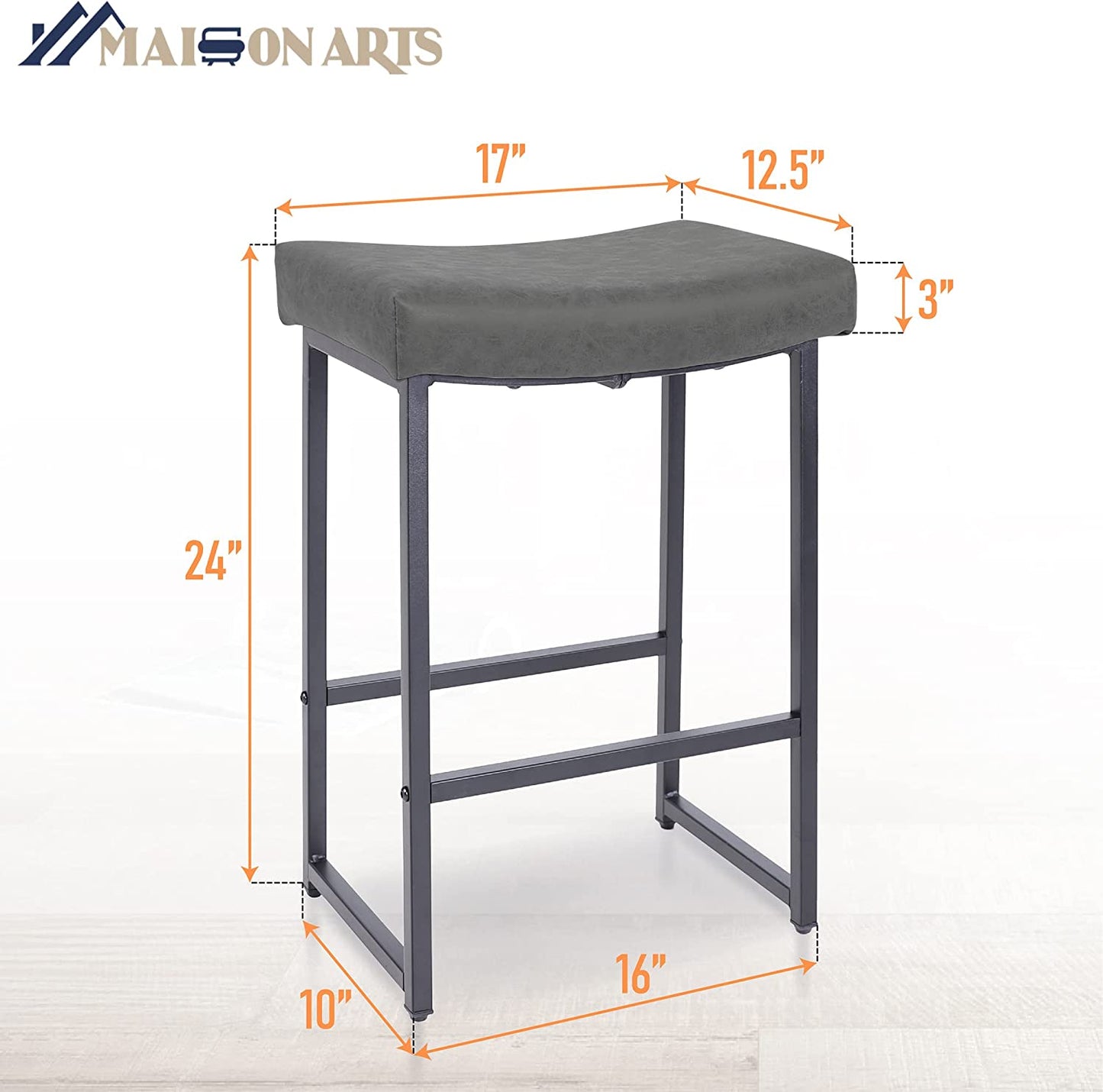 Grey Bar Stools Set of 2 Counter Height 24 Inches Saddle Stools for Kitchen Counter Backless Modern Barstools Upholstered Faux Leather Stools Farmhouse Island Chairs, Grey, 2Pcs