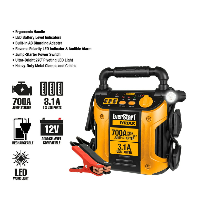 EverStart Maxx 700 Amp Jump Starter with Triple USB Charging Ports and Pivoting LED Work Light
