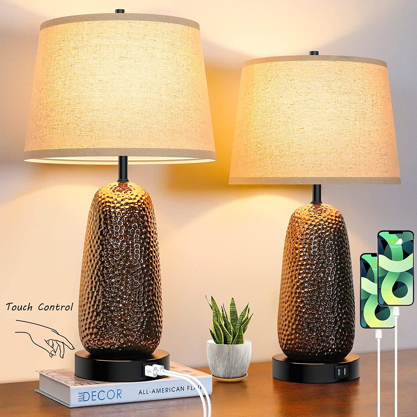Touch Control Table Lamps Set of 2-3-Way Dimmable Ceramic Nightstand Lamps with 2 USB Ports, Modern Bedside Desk Light with Beige Drum Shade for Bedroom Living Room Reading, A19 LED Bulbs Included