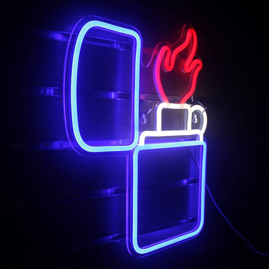 Lighter Shaped Neon Light Sign Blue Red Light Neon Sign Cool Cigarette Lighter Neon Light for Wall Decor Light for Internet Cafe Gaming Room Man Cave Decoration