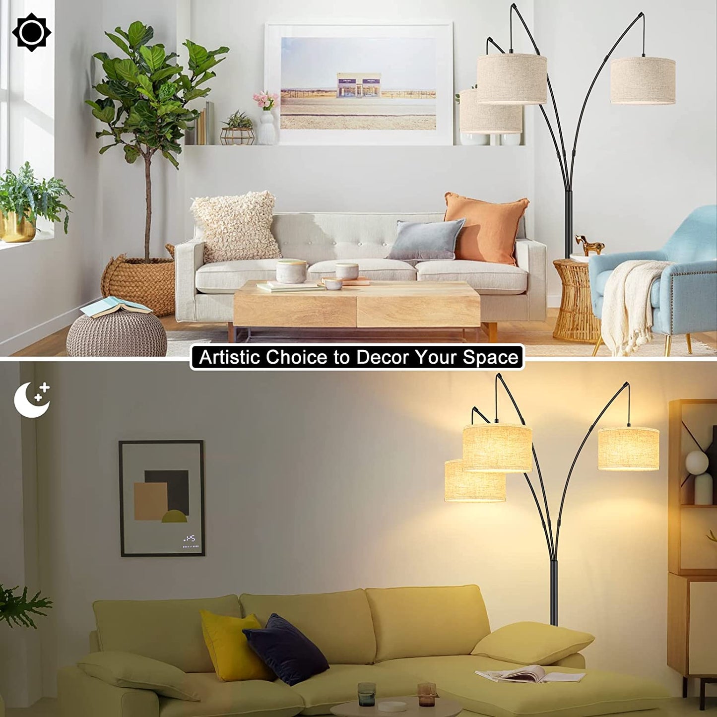 Arc Floor Lamps, 3-Light Arched Standing Lamp Hanging over the Couch, Trinity Arc Lamp with Foot Switch, Heavy Base, Modern Tall Pole Lamps for Living Room Bedroom Office Bright Lighting