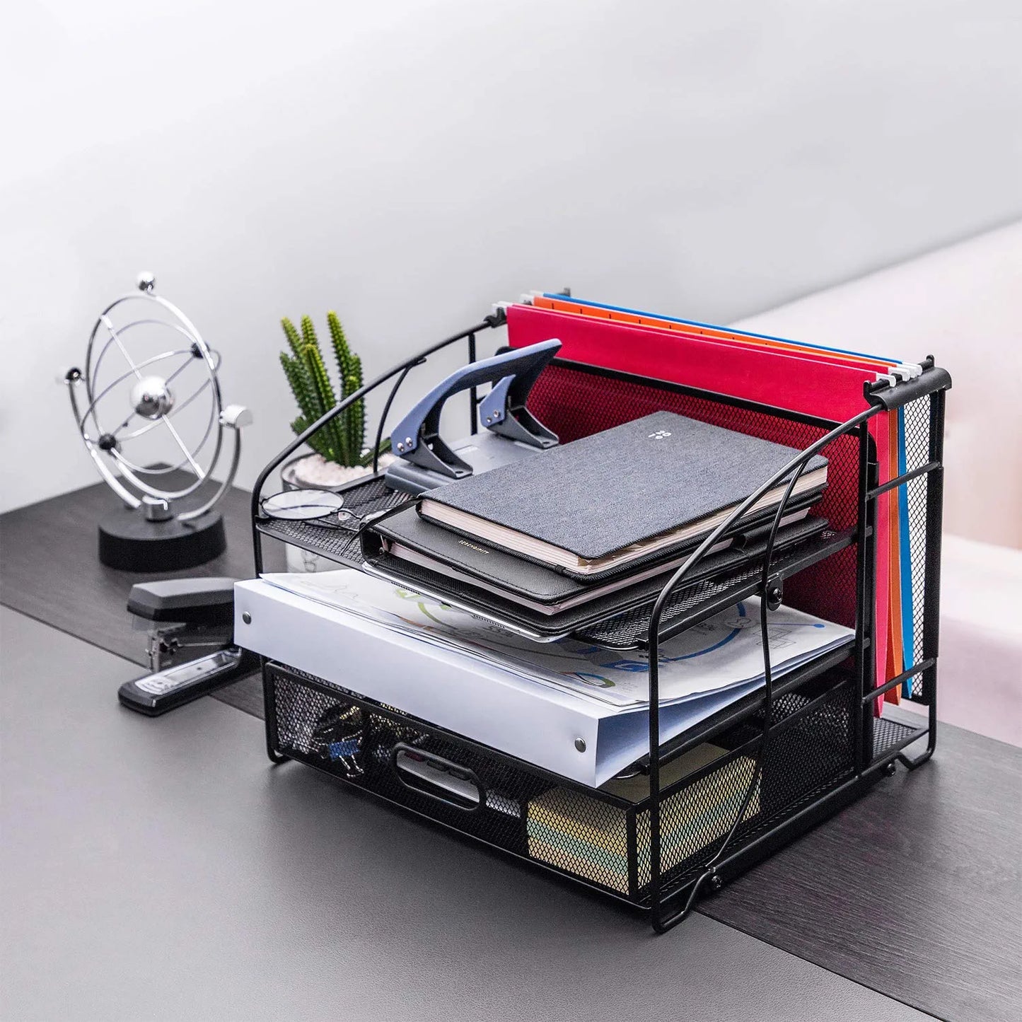 Desk Organizer 3 Tray W/Sliding Drawer and Hanging File Holder, Black