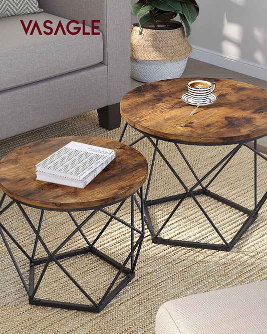 Small Coffee Table Set of 2, round Coffee Table with Steel Frame, Side End Table for Living Room, Bedroom, Office, Rustic Brown and Black ULET040B01