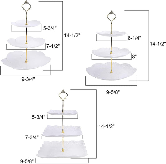 3 Pack 3 Tiers White Plastic Cupcake Stand Dessert Stand Tiered Serving Trays with Gold Rod - Round, Square, Flower