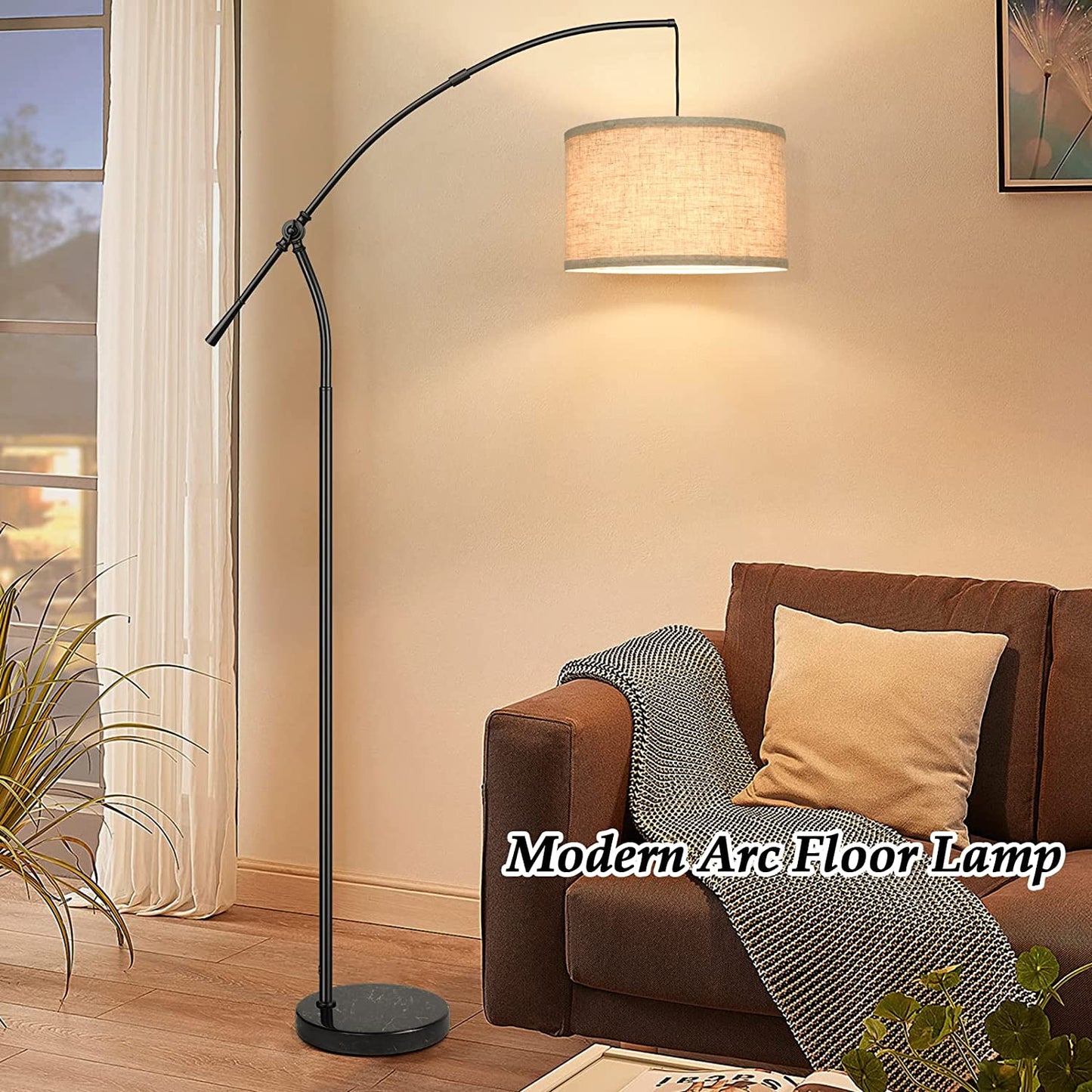 Modern Floor Lamp for Living Room Contemporary Arc Lamp behind the Couch Tall Standing Reading Lamp with Hanging Shade & Foot Switch Adjustable Arm for Bedroom Office Industrial Style Lighting Black