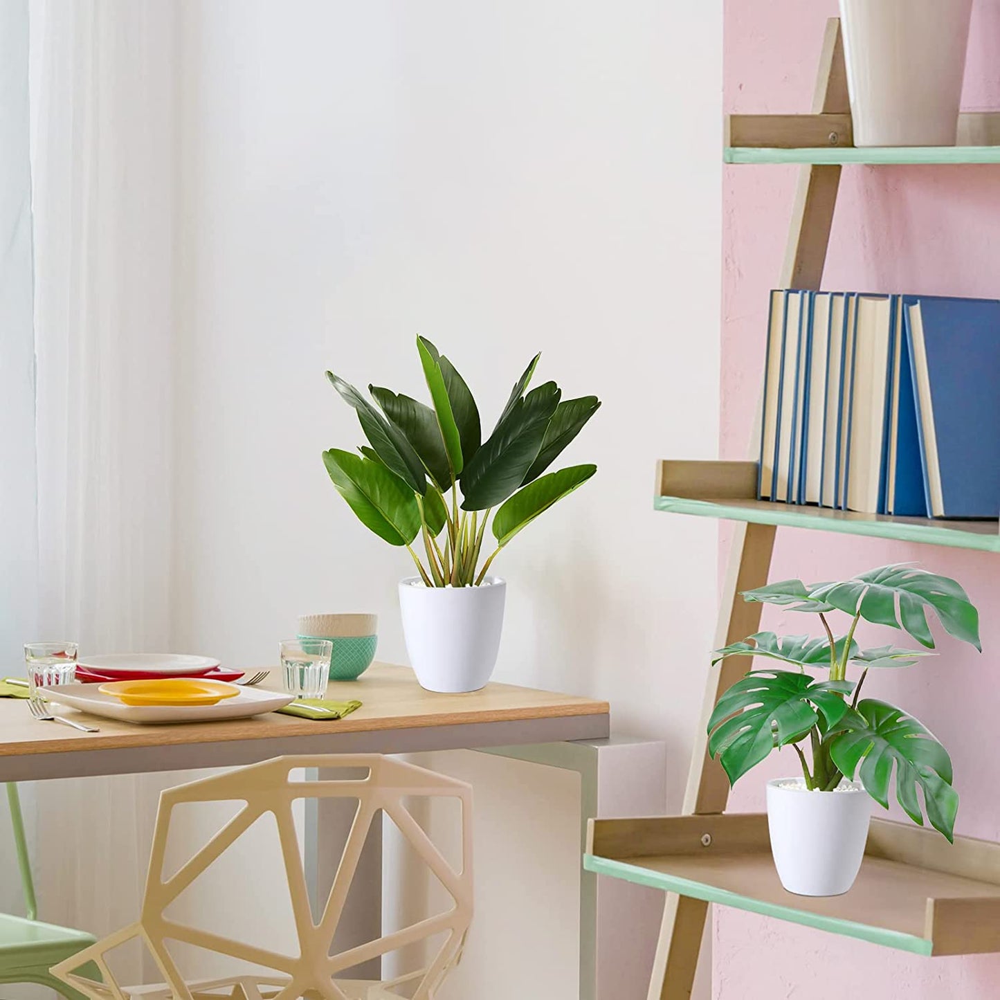 Fake Plants,Artificial Plants 16''Faux Bird of Paradise Plant and Fake Monstera Deliciosa Plant for Home Decor Indoor, Artificial Potted Plants for Office Room Desk Decoration,2 Pack