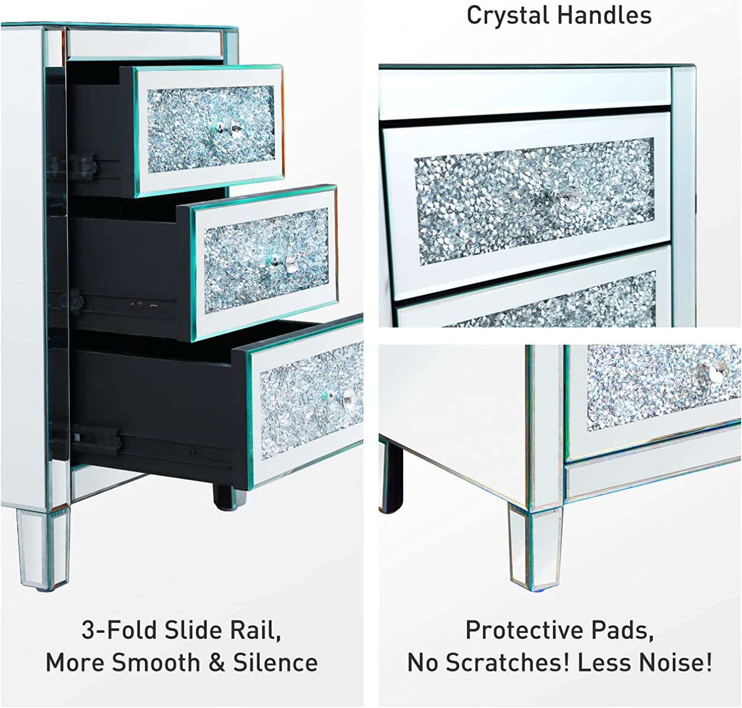 Mirrored Nightstand Crystal Mirror End Table with 3 Drawers Mirror Bedside Table Silver Nightstand for Living Room Bedroom Sofa Couch, No Need Assemble