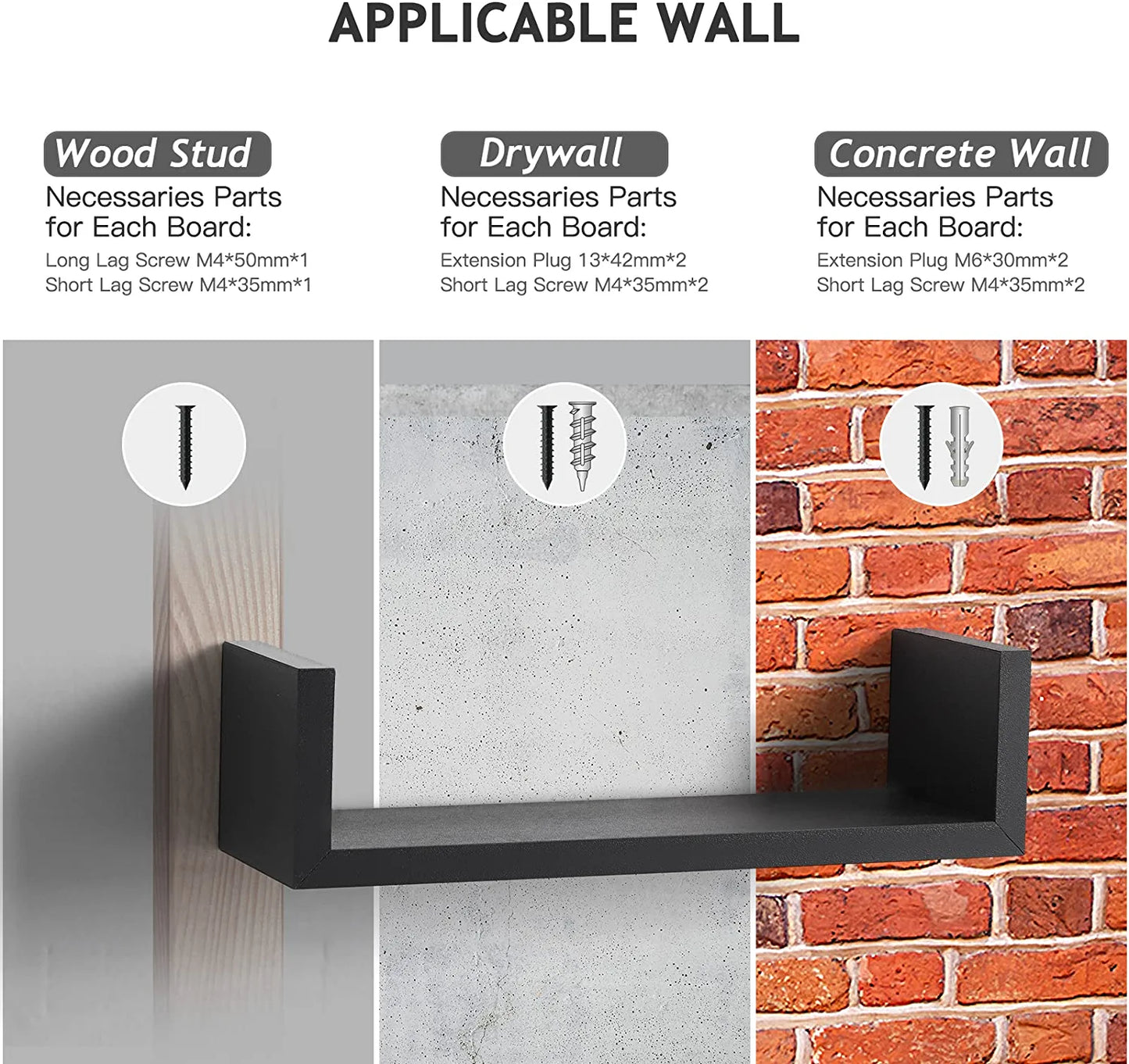 Floating Shelves U-Shaped, Wall Shelf 3 Sizes, Black Floating Shelves for Bathroom/Bedroom/Living Room/Kitchen - AMFS13-B