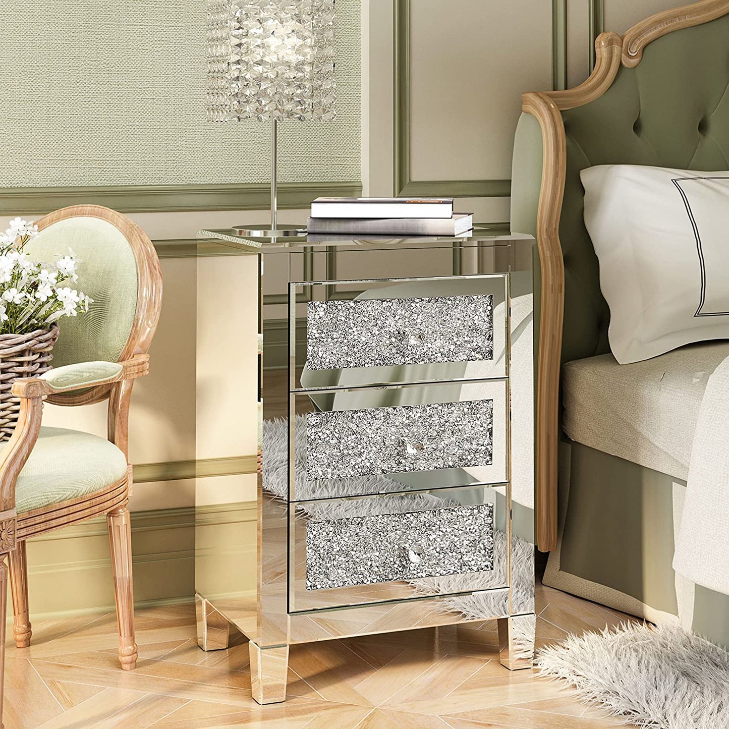 Mirrored Nightstand Crystal Mirror End Table with 3 Drawers Mirror Bedside Table Silver Nightstand for Living Room Bedroom Sofa Couch, No Need Assemble