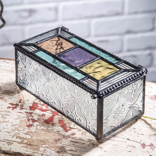 Colorful Stained Glass Box Jewelry Dish Trinket Keepsake Display Decorative Vintage Home Décor Purple Blue Peach Turquoise J Devlin Box 864