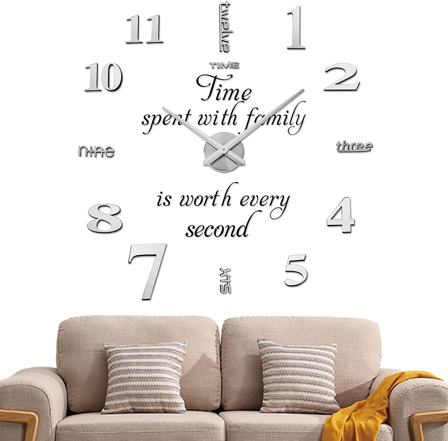 DIY Wall Clock,3D Frameless Wall Clock,Large Modern Design Decor Sticker DIY Wall Clock Kit for Bedroom Living Room Home Decorations,Adjustable Size and Easy to Assemble (Silver)