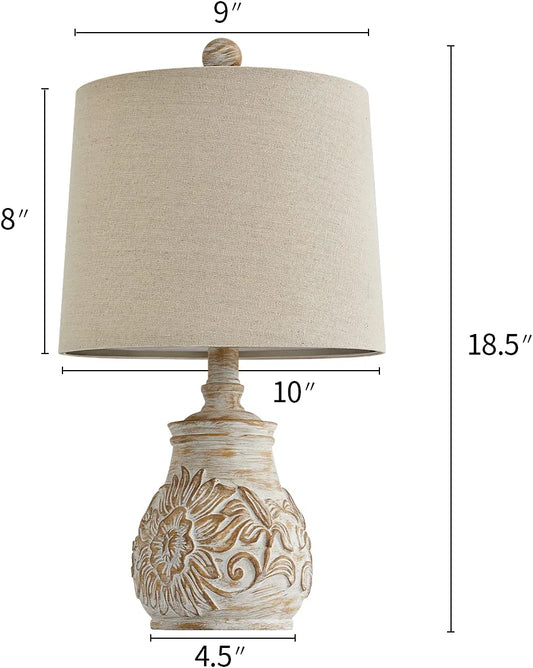 Pokat 18.5'' Farmhouse Vintage Table Lamps for Living Room Traditional Carved Floral Bedside Lamps for Bedroom Rustic Night Light Lamps Washed White
