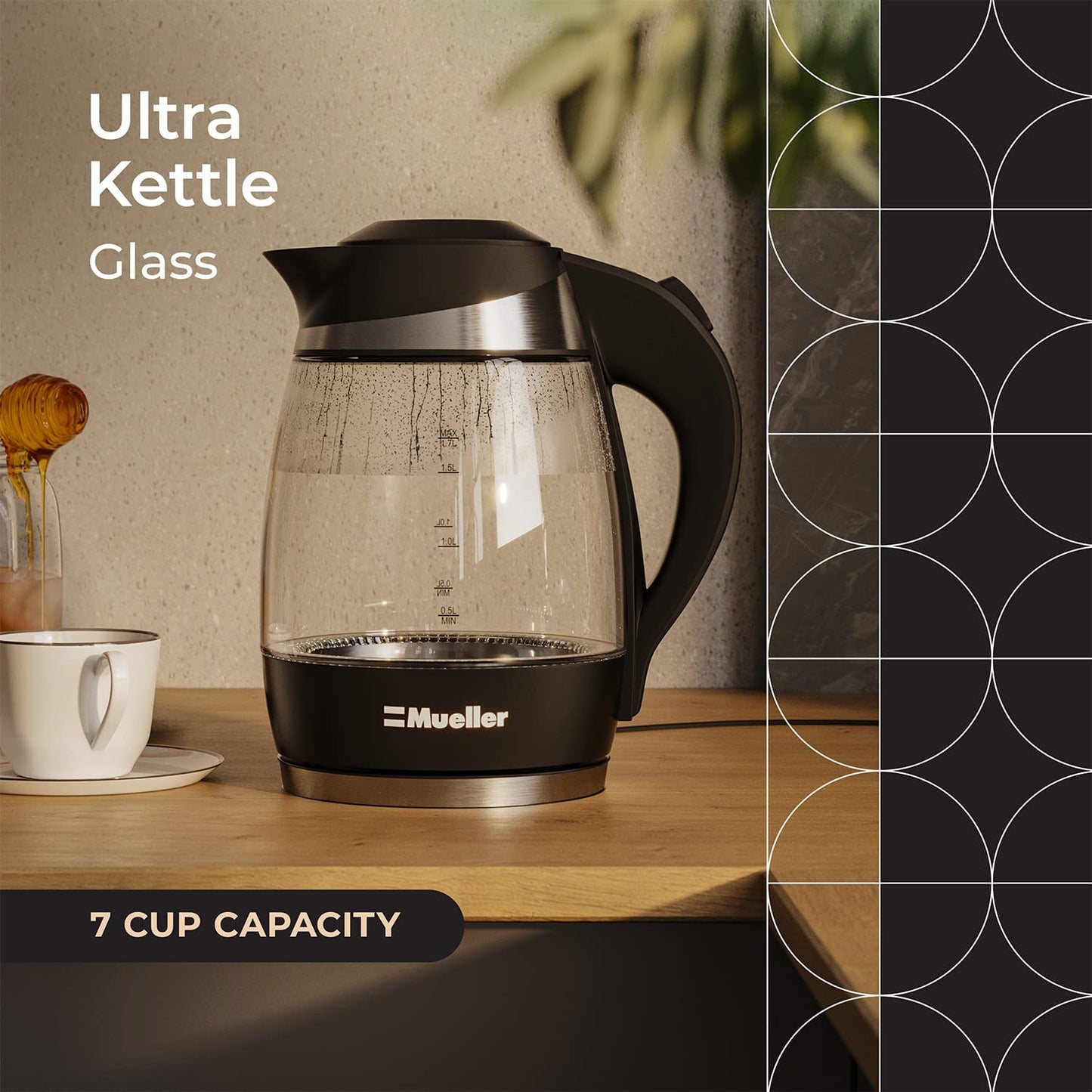 Mueller Ultra Kettle: Model No. M99S 1500W Electric Kettle with Speedboil Tech, 1.8 Liter Cordless with LED Light, Borosilicate Glass, Auto Shut-Off and Boil-Dry Protection
