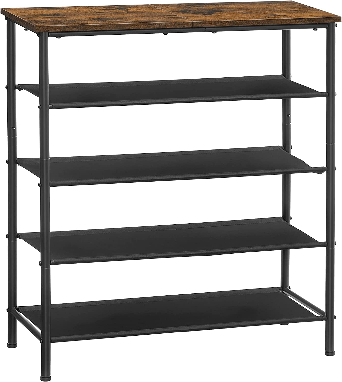 Shoe Rack 5 Tier, Narrow Shoe Organizer for Closet Entryway, with 4 Fabric Shelves and Top for Bags, Shoe Shelf, Steel Frame, Industrial, Rustic Brown and Black ULBS036B01