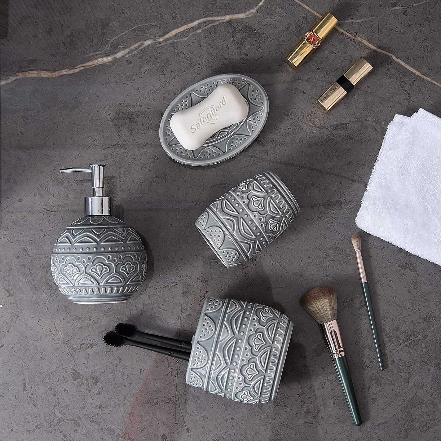 Bathroom Accessory Set, Bath Accessories Set 4-Piece Ceramic Embossed Bath Countertop Set with Soap Dish, Soap & Lotion Dispenser, Cup, Divided Toothbrush Holder ,Grey