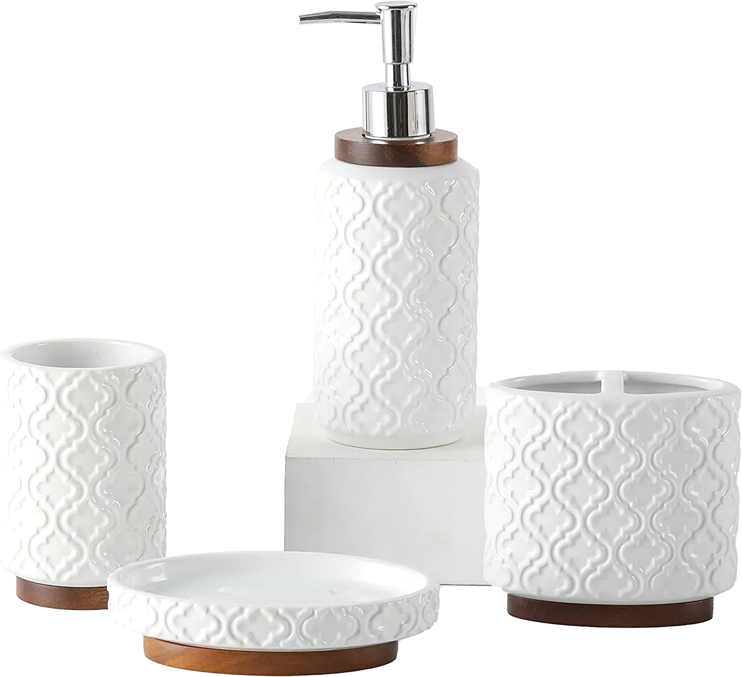 Bathroom Accessories Set 4 Pcs Toothbrush Holder Soap Dispenser Set Ceramic and Wood Bathroom Set Contain Toothbrush Cup Soap Dispenser Soap Dish Tumbler