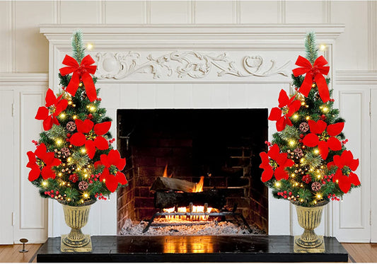 Juegoal 3 FT Christmas Tree, Pre-Lit Poinsettia Spruce Entrance Trees with 100 LEDs Lights, Pine Cones, Red & Golden Berries in Gold Urn Base for Front Door, Porch, Entryway Xmas Home Decor, 2 Pack