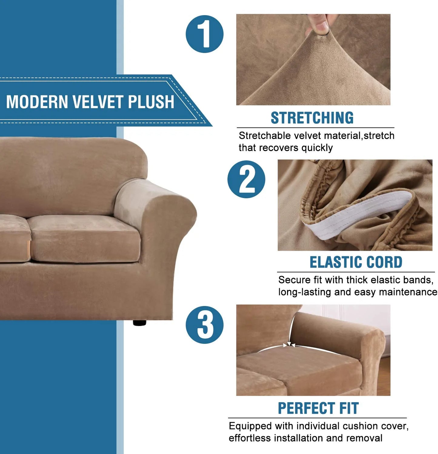 Modern Velvet Plush 4 Piece High Stretch Sofa Slipcover Sofa Cover Furniture Protector Form Fit Luxury Thick Velvet Sofa Cover for 3 Cushion Couch, Machine Washable (Sofa,Camel)