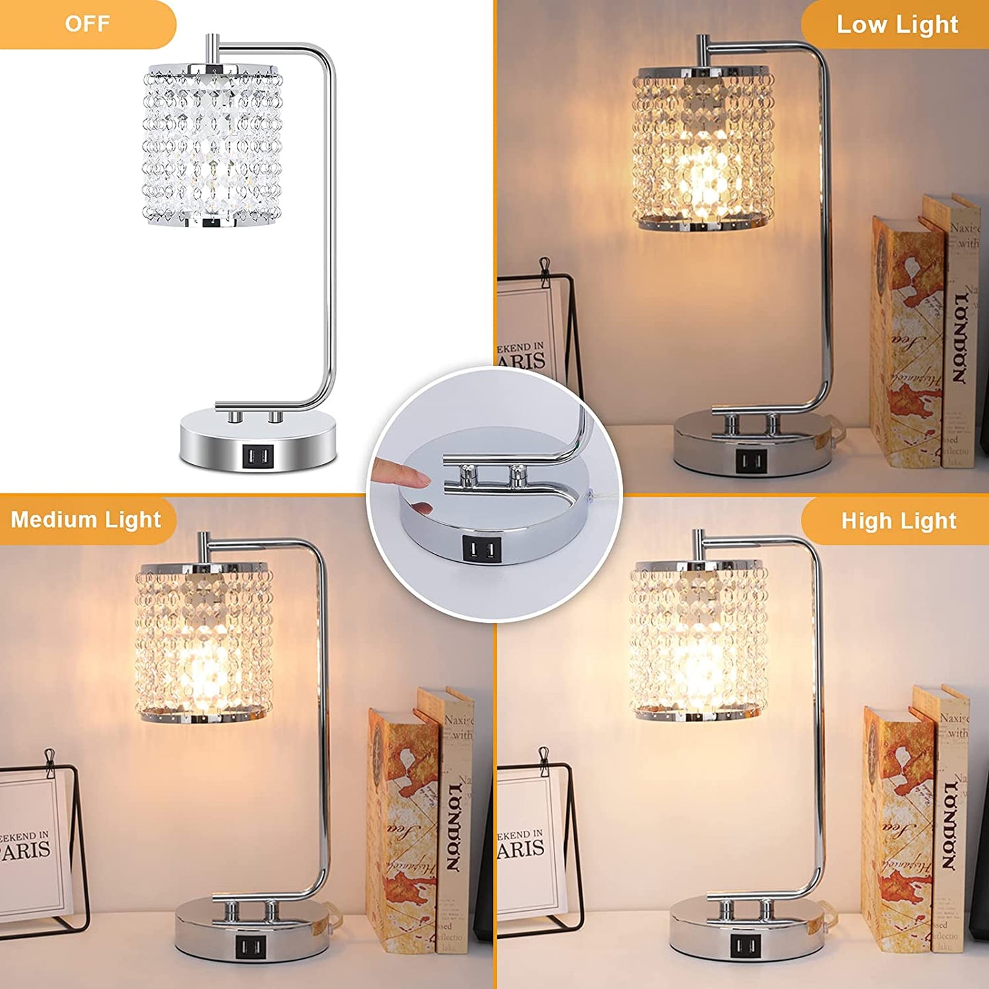 FAGUANGAO Crystal Touch Control Table Lamp,With Dual USB Charging Ports,3 Way Dimmable Set of 2 Silver Bedside Nightstand Lamp Industrial Desk Lamps E26 Base for Bedroom Living Room,Led Bulbs Included