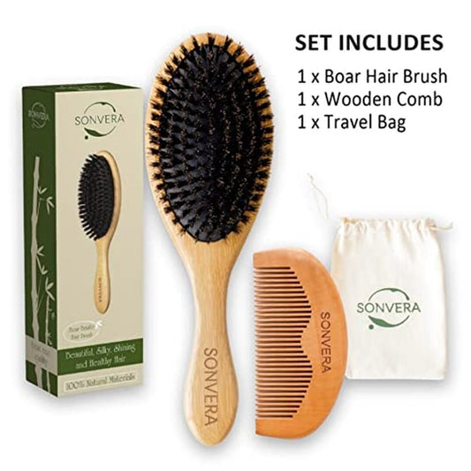 Boar Bristle Hair Brush for Men Natural Hair Brushes for Women Pure Boar Bristle Brush Mens Hair Brush Set Boars Hair Brush Oval Wooden Bore Bamboo Hairbrush Adds Shine Fine Soft Thin Hair