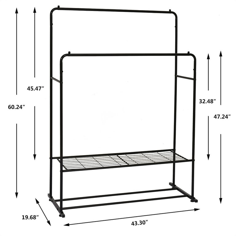 Garment Rack Freestanding Hanger Double Pole Multi-functional Bedroom Clothing Rack,Metal Clothing Garment Rack with Shelves,Black