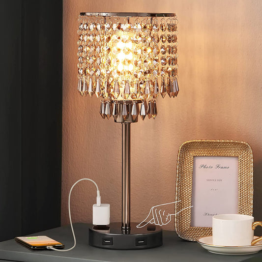 Black Crystal Table Bedside Lamp,Touch Control & 3-Way Dimmable, Small Nightstand Lamp with 2 USB Charging Ports and Outlets, Decorative Tabletop Lamp for Bedroom, Living Room-Bulb Included