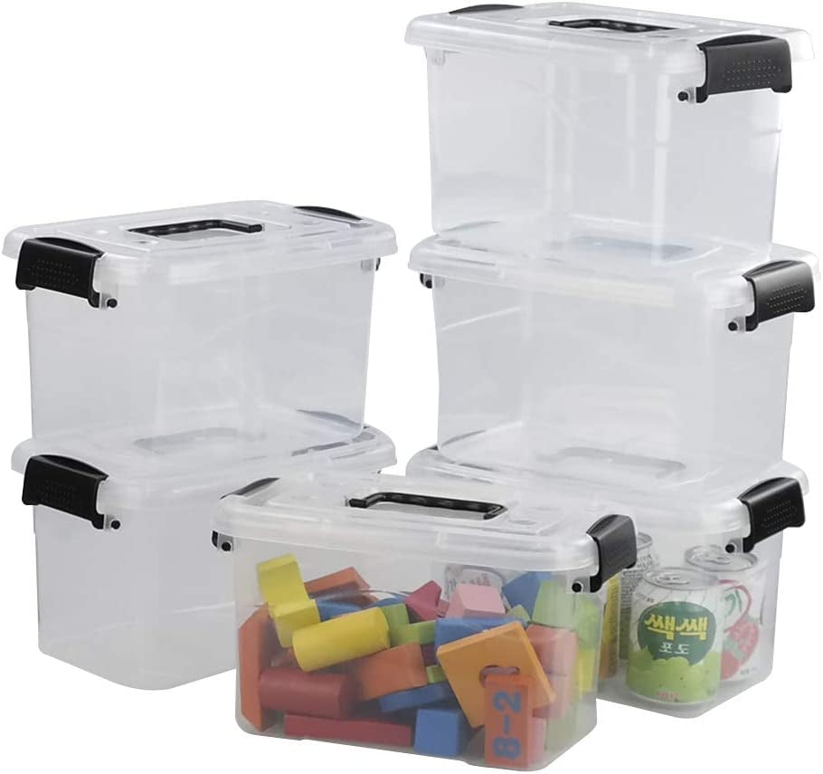 5 L Plastic Storage Bin with Lid, Clear Transparent Box with Black Handles Set of 6