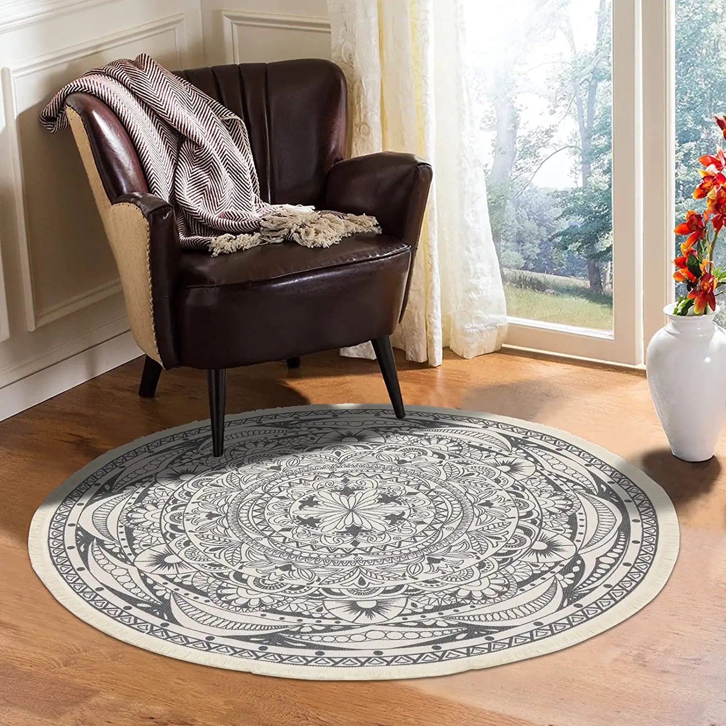 4 Ft round Area Rugs Washable Chic Bohemian Mandala Hand Woven Cotton round Rug with Tassels Indoor Throw Area Rug Circle Carpet for Living Room Kids Room
