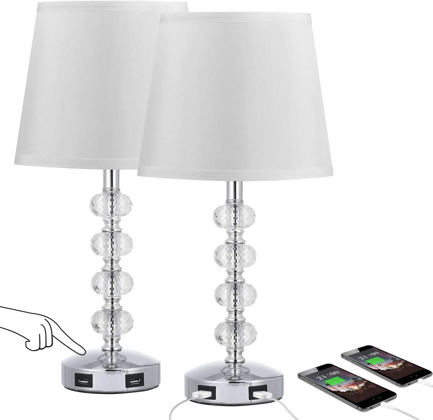 3-Way Dimmable USB Crystal Table Lamp, 17 Inch Touch Crystal Lamp Set of 2 , Exquisite Decorative Bedside Lamps Set of 2 for Bedroom, Living Room, Nightstand (Warm White Light Bulb Included)