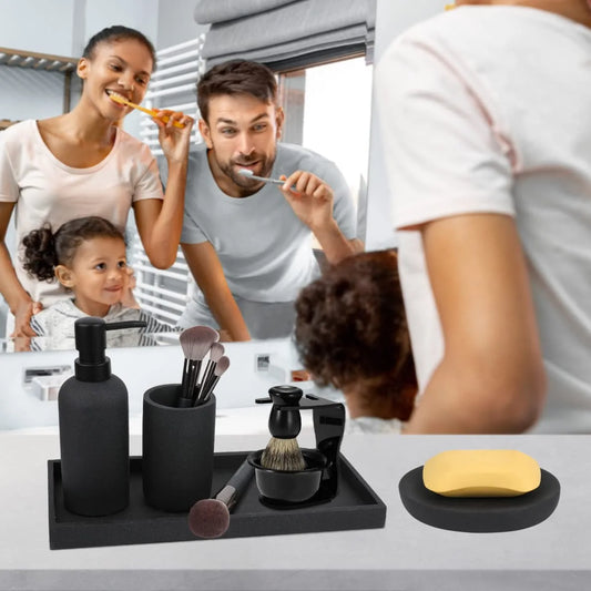 Bathroom Accessory Set-4 Pcs Complete Resin Bathroom Counter Vanity Accessories Sets Vanity Tray Lotion Dispenser/Soap Pump Toothbrush Holder Soap Dish-Matte Black Sandstone Modern Decor
