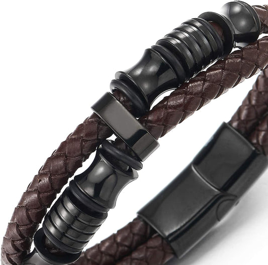 Mens Double-Row Braided Leather Bracelet Bangle Wristband with Stainless Steel Ornaments