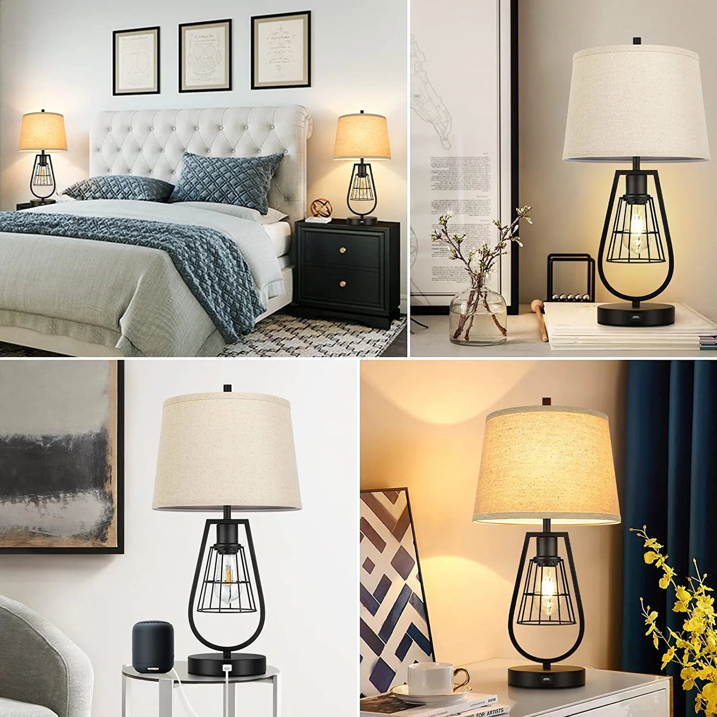 Set of 2 Industrial Touch Control Table Lamps with USB Port, 3-Way Dimmable Farmhouse Bedside Nightstand 2-Lights Lamps for Bedroom Living Room Reading, Cream Fabric , Black Metal Base, Bulbs Included