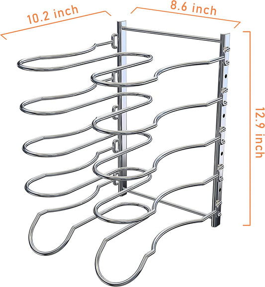 Heavy Duty Pan Rack, Pot Lid Rack, Kitchen Cabinet Pantry Cookware Organizer Rack Holder | 5 Adjustable Dividers, Chrome