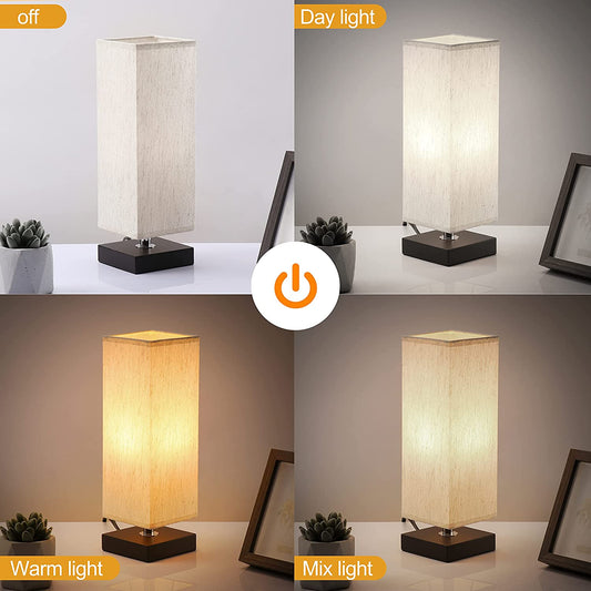 Bedside Table Lamp - Small Bedroom Lamps for Nightstand, 3-Color Options Solid Wood Lamp with Fabric Shade, Minimalist Desk Reading Lamps for Kids Room Living Room Office Dorm (LED Bulb Included)