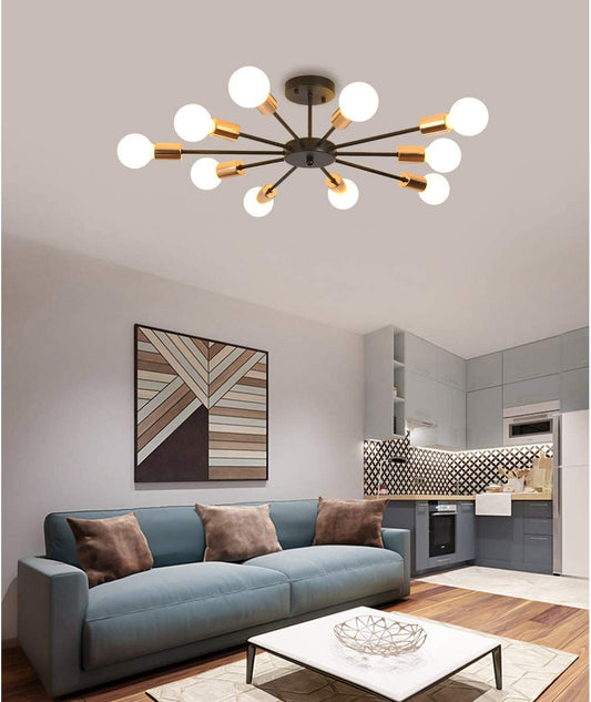 Semi Flush Mount Ceiling Light,10-Light E26 Base Modern Black Sputnik Chandelier,Industrial Ceiling Lamp Fixture for Kitchen Farmhouse Living Room Dining Room