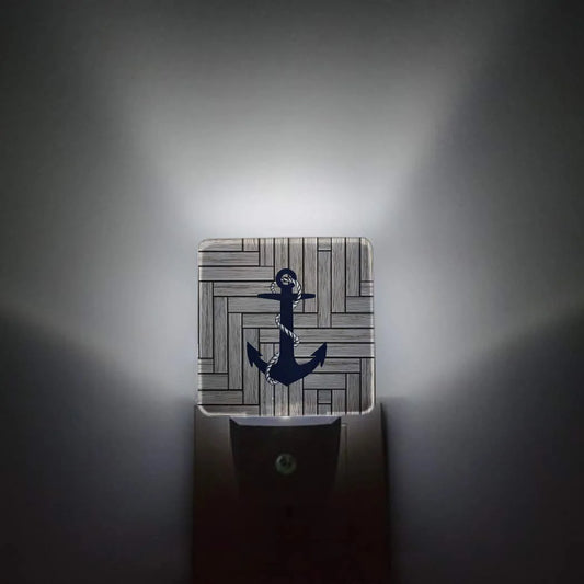 LED Plug-In Night Light Auto Dusk to Dawn Sensor Decor Nautical Navy Blue Anchor Lamp for Bedroom,Bathroom,Kitchen,Hallway,Stairs,Hallway Retro Wooden Texture