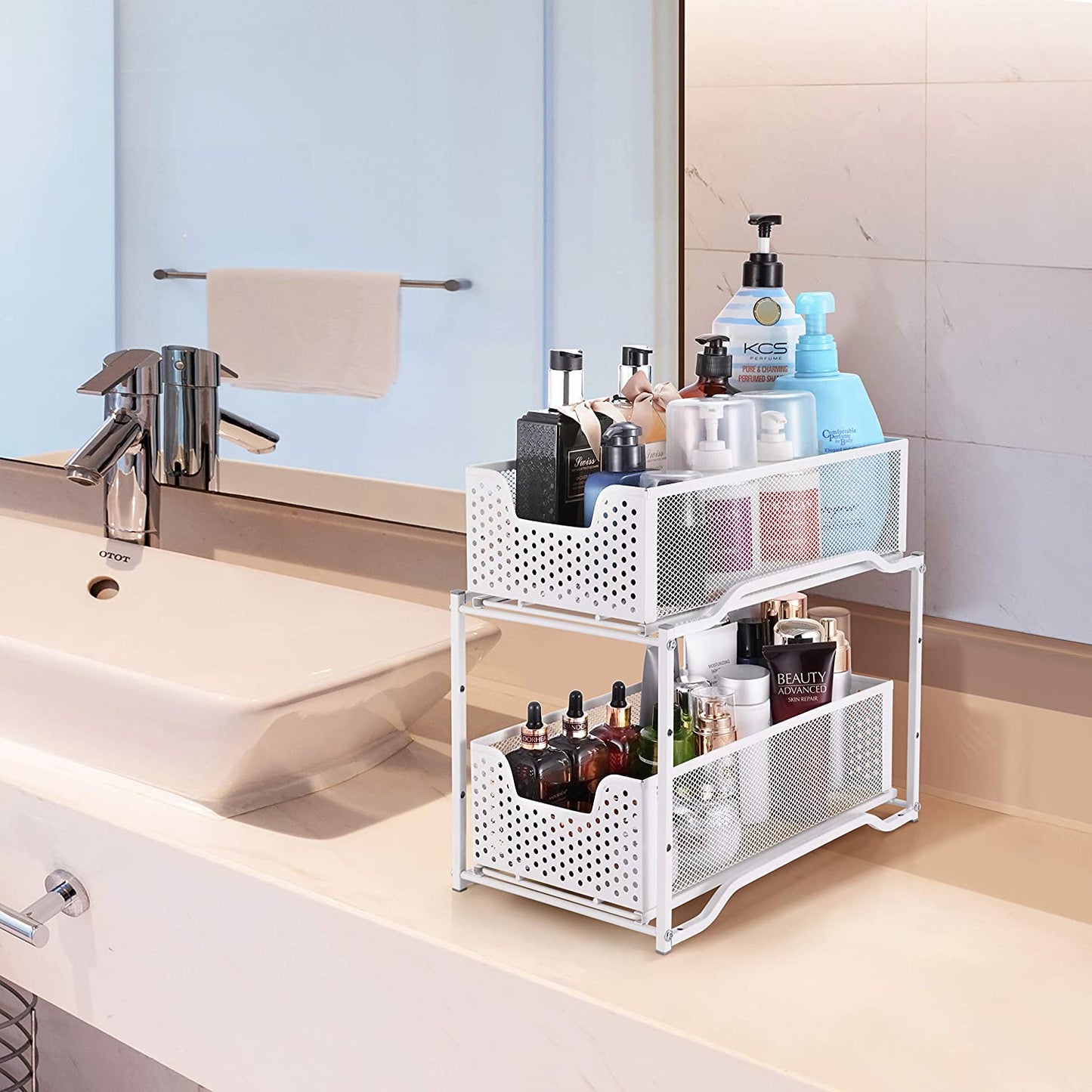 Stackable 2-Tier under Sink Cabinet Organizer with Sliding Storage Drawer, White