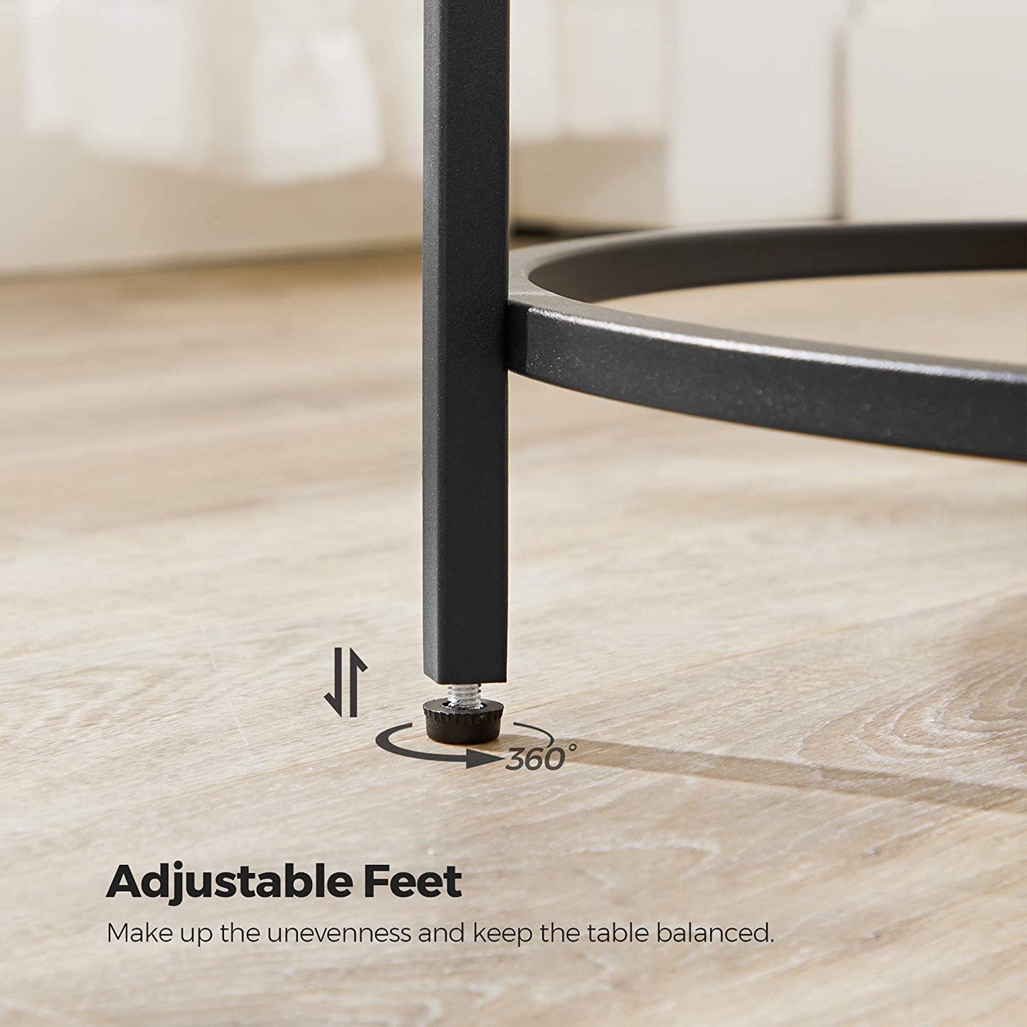 round Side Table, Glass End Table with Metal Frame, Small Coffee Accent Table, Bedside Table, Modern Style, for Living Room, Balcony, Bedroom, Black ULGT020B01